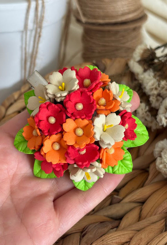 Flower Bouquet Hair Clip - Coral, Orange & White Foam Flowers