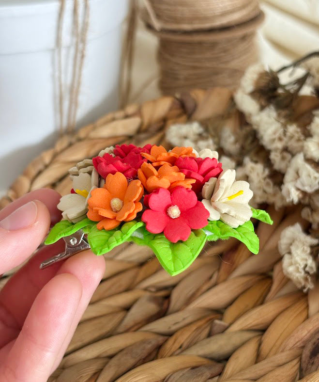 Flower Bouquet Hair Clip - Coral, Orange & White Foam Flowers