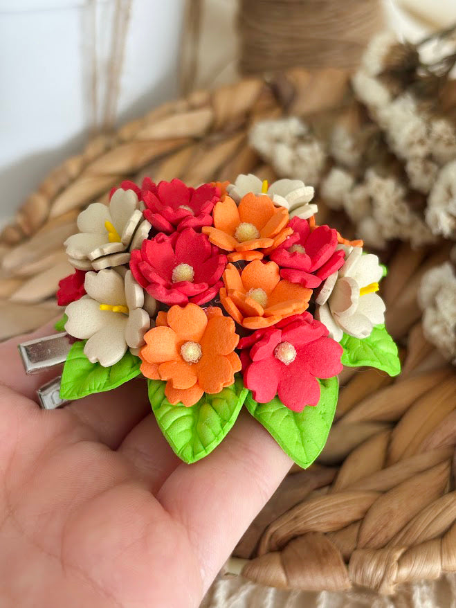 Flower Bouquet Hair Clip - Coral, Orange & White Foam Flowers