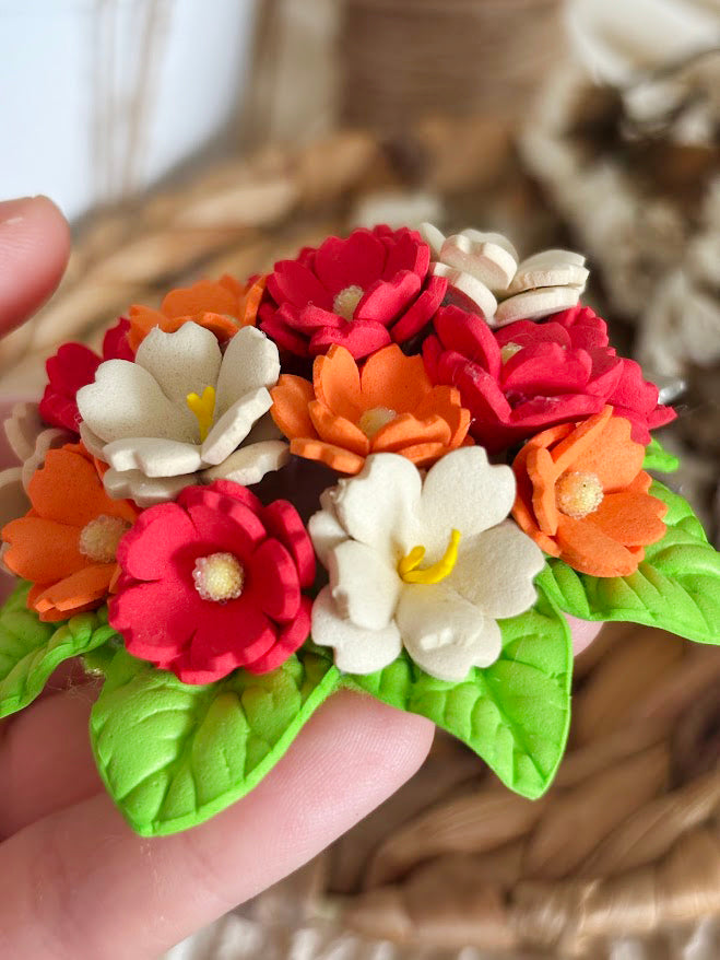 Flower Bouquet Hair Clip - Coral, Orange & White Foam Flowers