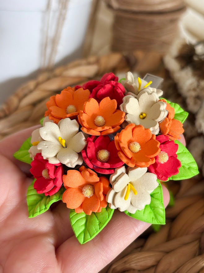 Flower Bouquet Hair Clip - Coral, Orange & White Foam Flowers