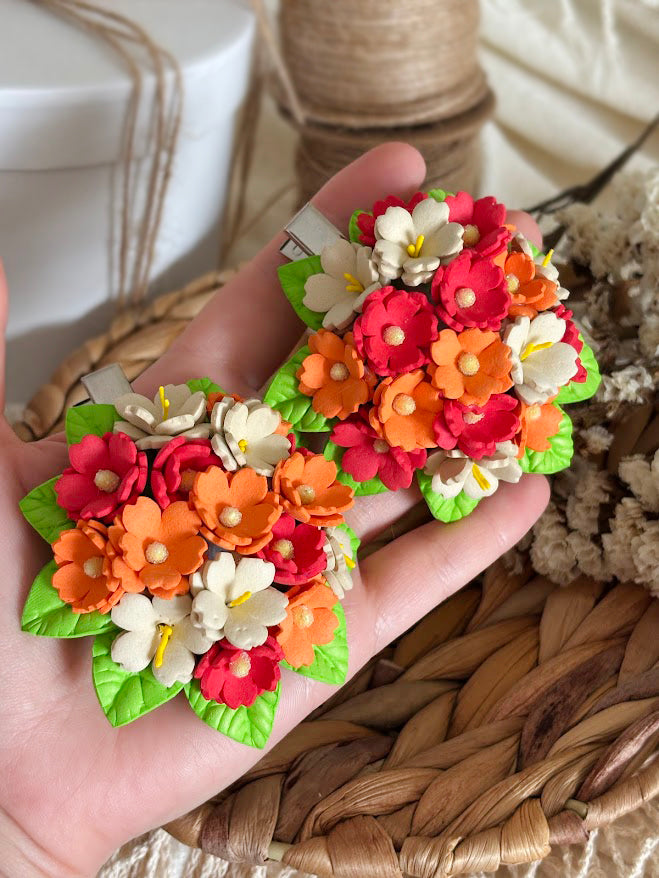 Flower Bouquet Hair Clip - Coral, Orange & White Foam Flowers