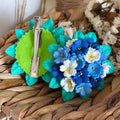 Flower Bouquet Hair Clip - Blue & White Foam Flowers with Turquoise Leaves