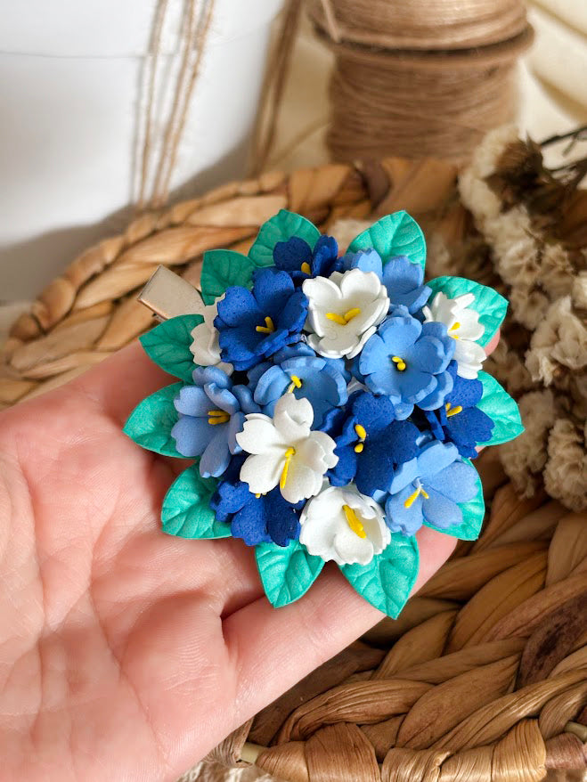 Flower Bouquet Hair Clip - Blue & White Foam Flowers with Turquoise Leaves