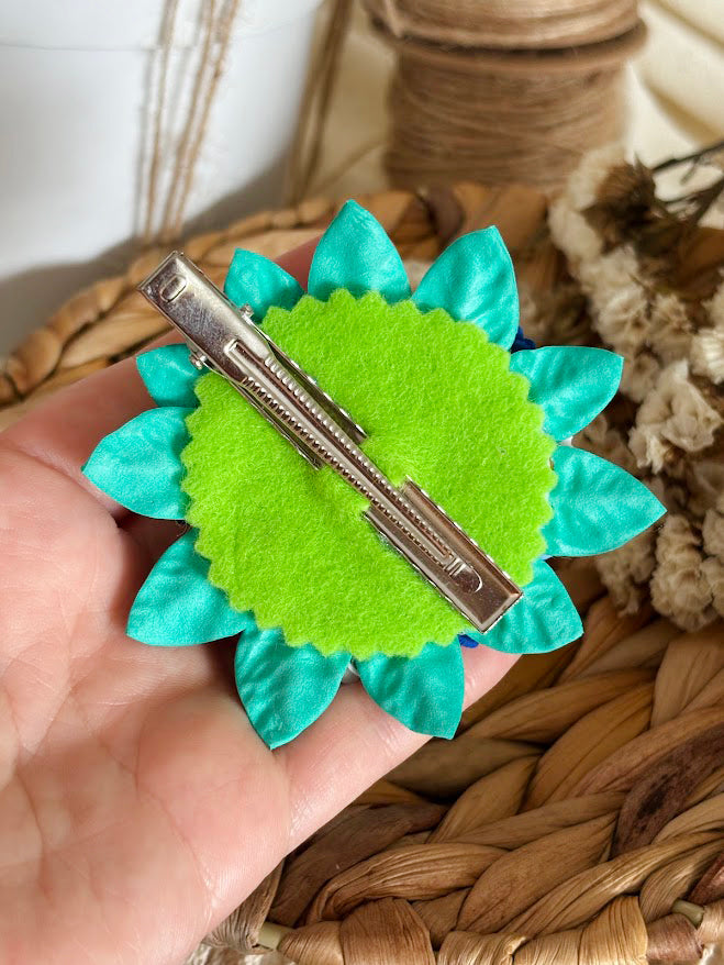 Flower Bouquet Hair Clip - Blue & White Foam Flowers with Turquoise Leaves