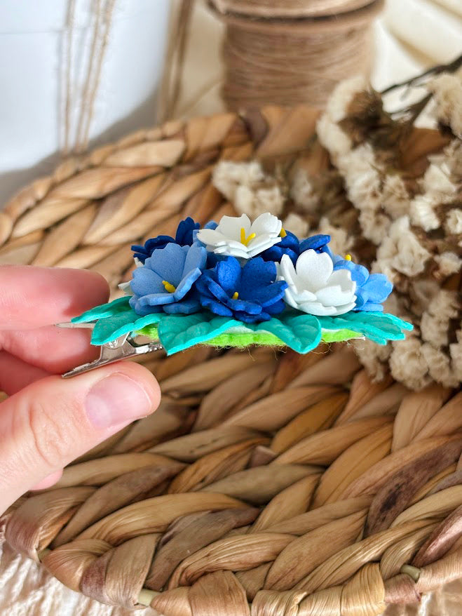Flower Bouquet Hair Clip - Blue & White Foam Flowers with Turquoise Leaves