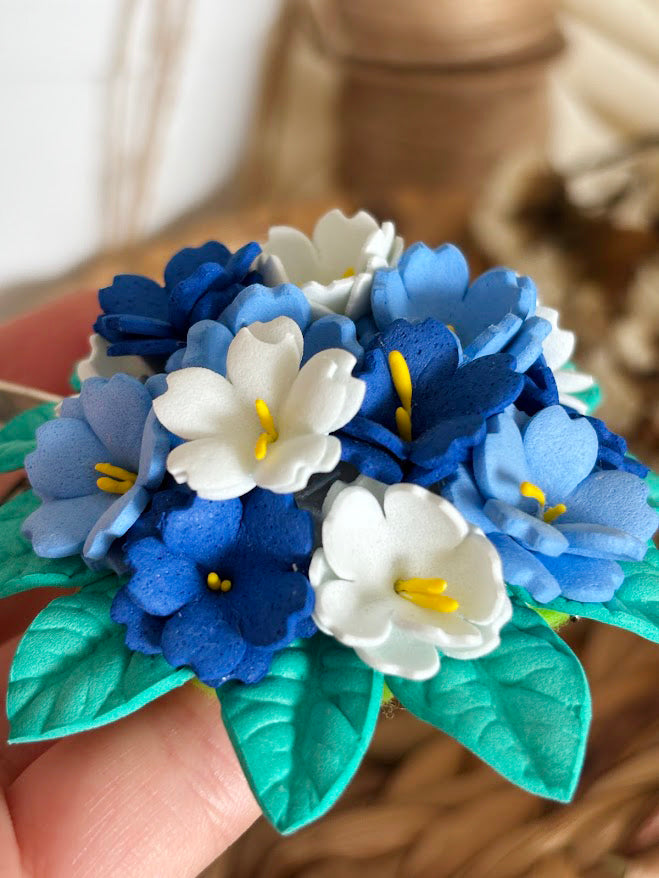 Flower Bouquet Hair Clip - Blue & White Foam Flowers with Turquoise Leaves