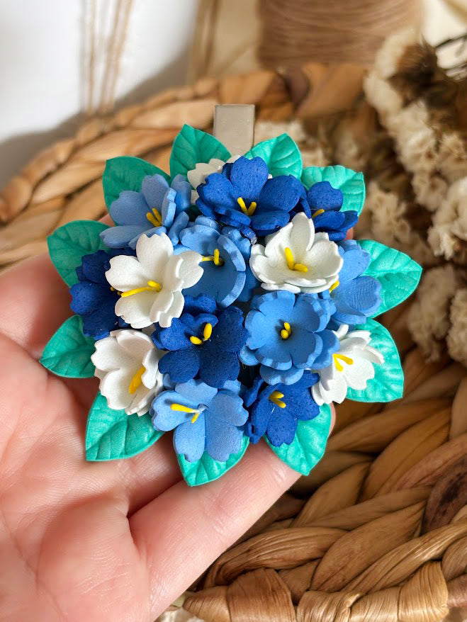 Flower Bouquet Hair Clip - Blue & White Foam Flowers with Turquoise Leaves