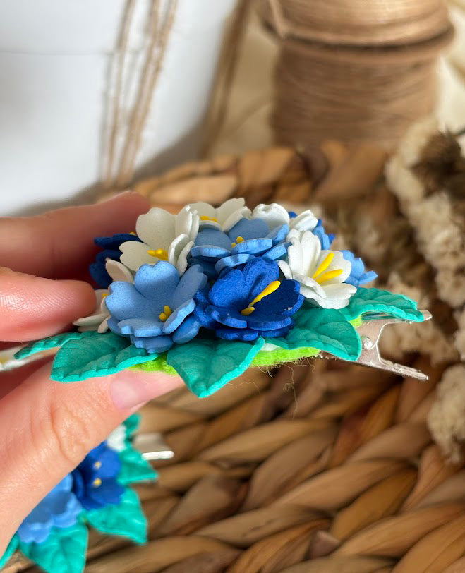 Flower Bouquet Hair Clip - Blue & White Foam Flowers with Turquoise Leaves