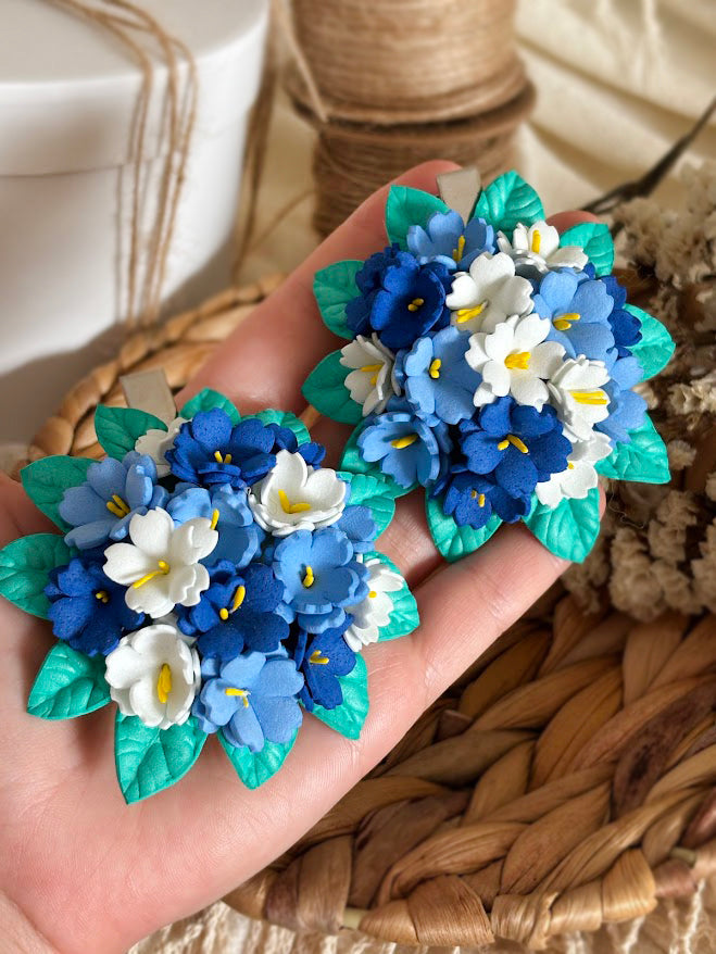 Flower Bouquet Hair Clip - Blue & White Foam Flowers with Turquoise Leaves