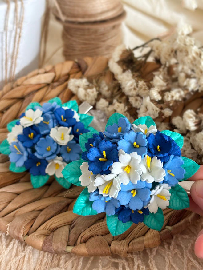 Flower Bouquet Hair Clip - Blue & White Foam Flowers with Turquoise Leaves