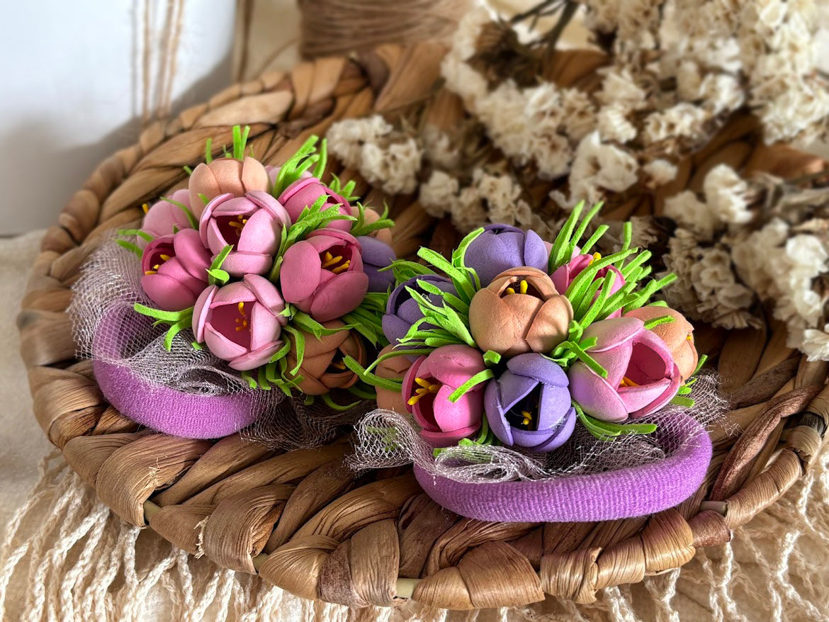 Floral Hair Ties Set of 2 - Purple Pink Beige Foam Flowers