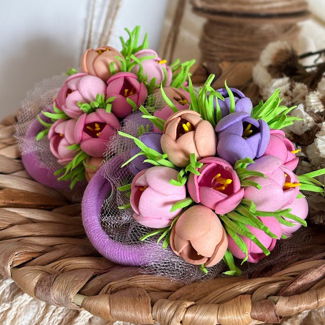Floral Hair Ties Set of 2 - Purple Pink Beige Foam Flowers