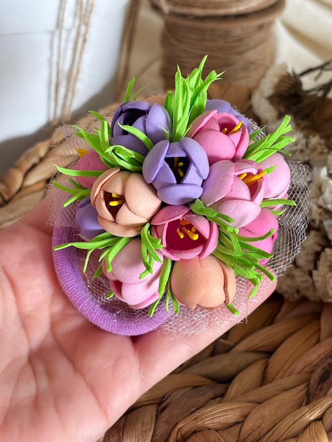 Floral Hair Ties Set of 2 - Purple Pink Beige Foam Flowers