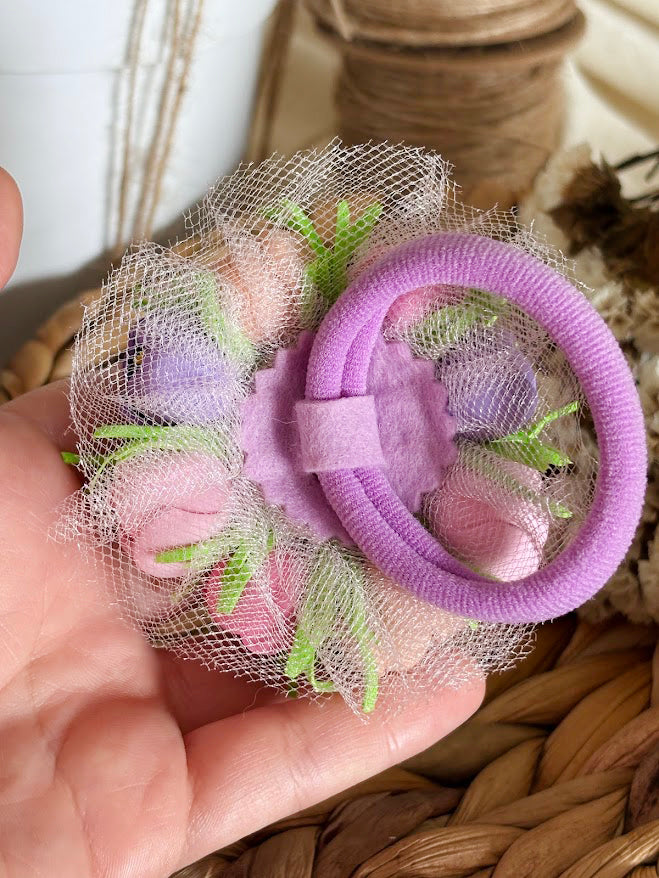 Floral Hair Ties Set of 2 - Purple Pink Beige Foam Flowers