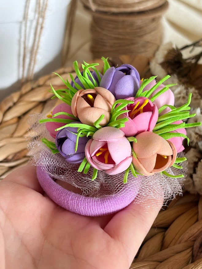 Floral Hair Ties Set of 2 - Purple Pink Beige Foam Flowers
