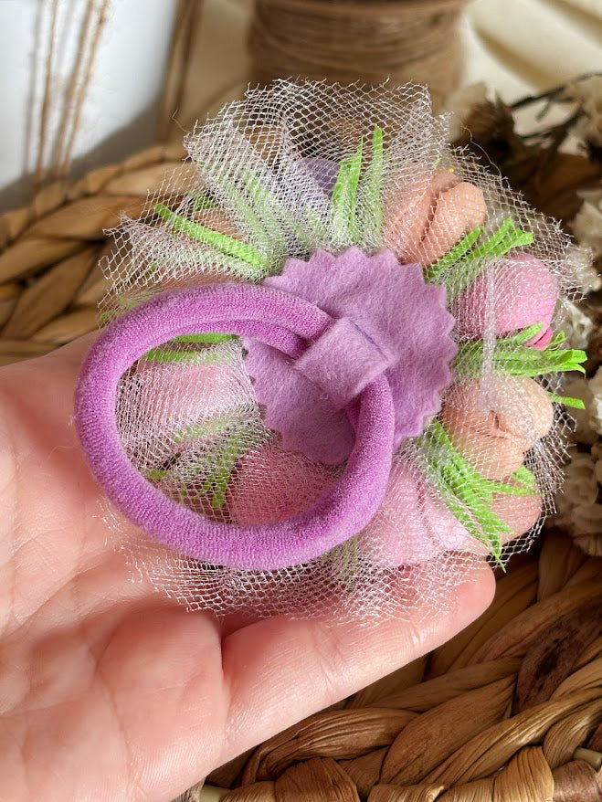 Floral Hair Ties Set of 2 - Purple Pink Beige Foam Flowers