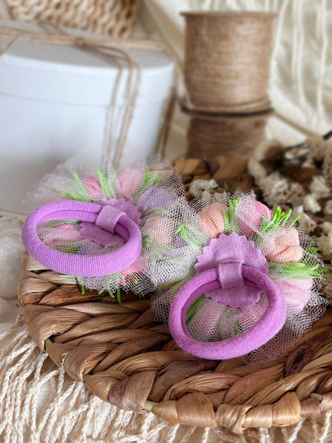 Floral Hair Ties Set of 2 - Purple Pink Beige Foam Flowers