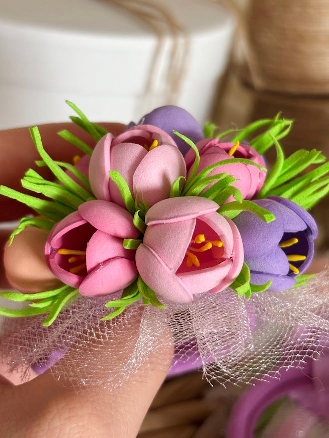 Floral Hair Ties Set of 2 - Purple Pink Beige Foam Flowers