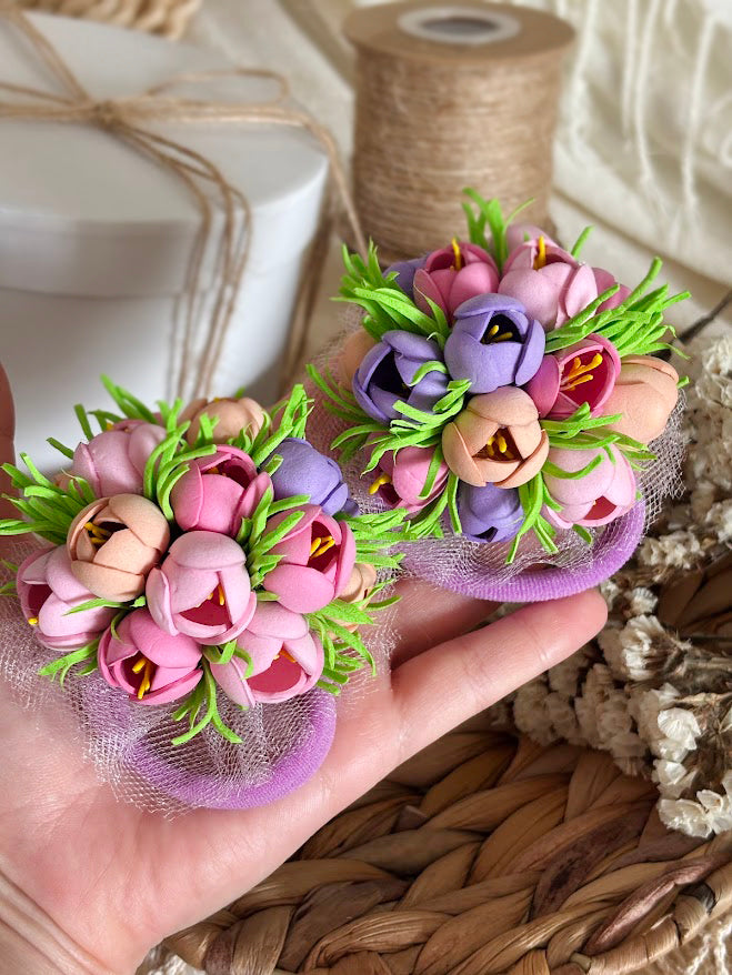 Floral Hair Ties Set of 2 - Purple Pink Beige Foam Flowers
