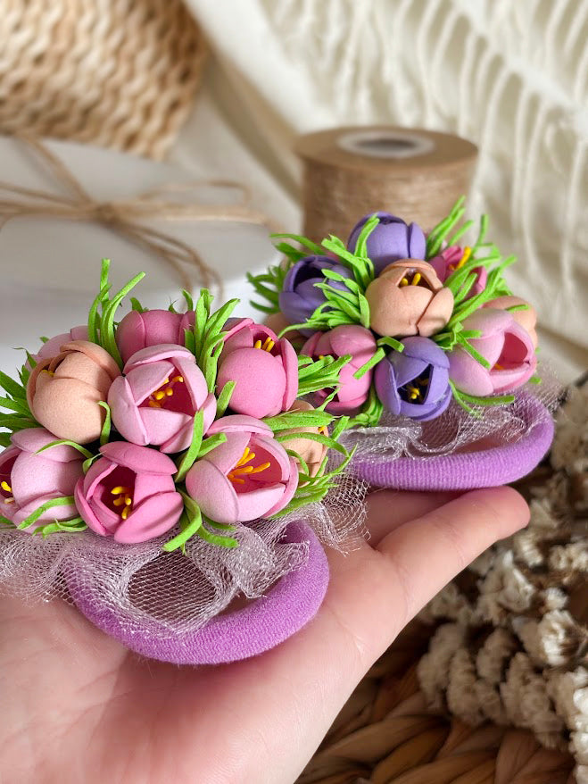 Floral Hair Ties Set of 2 - Purple Pink Beige Foam Flowers