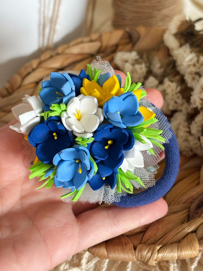 Floral Hair Ties Set of 2 - Blue Yellow White Foam Flowers