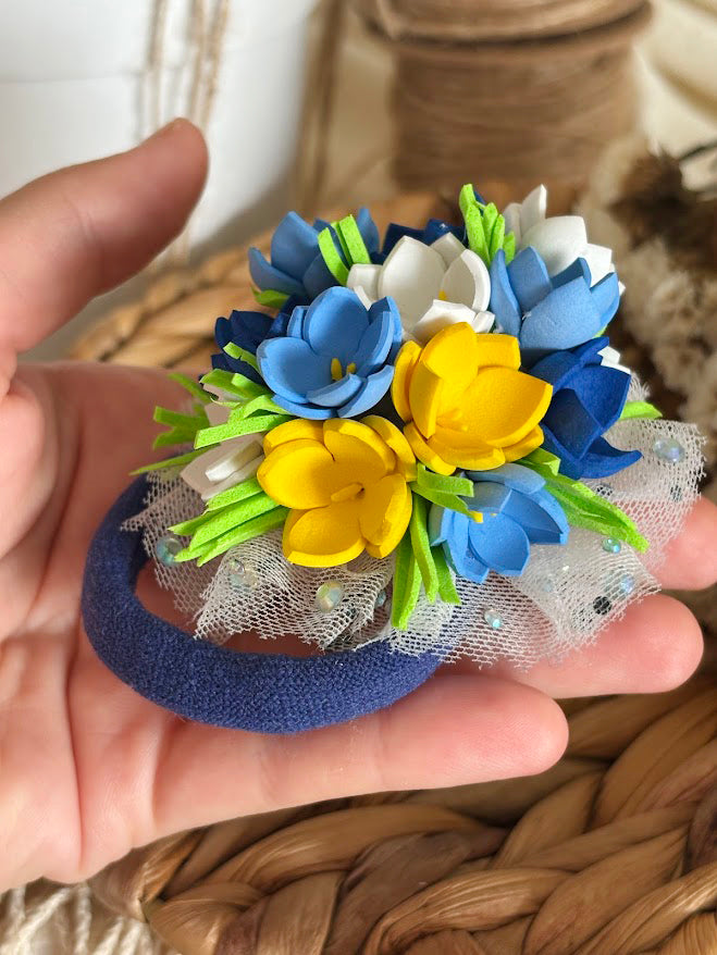 Floral Hair Ties Set of 2 - Blue Yellow White Foam Flowers