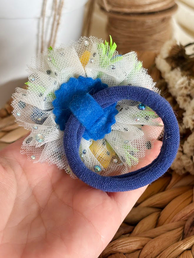 Floral Hair Ties Set of 2 - Blue Yellow White Foam Flowers
