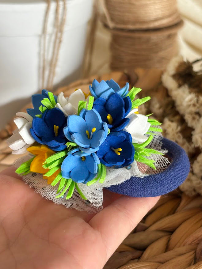 Floral Hair Ties Set of 2 - Blue Yellow White Foam Flowers