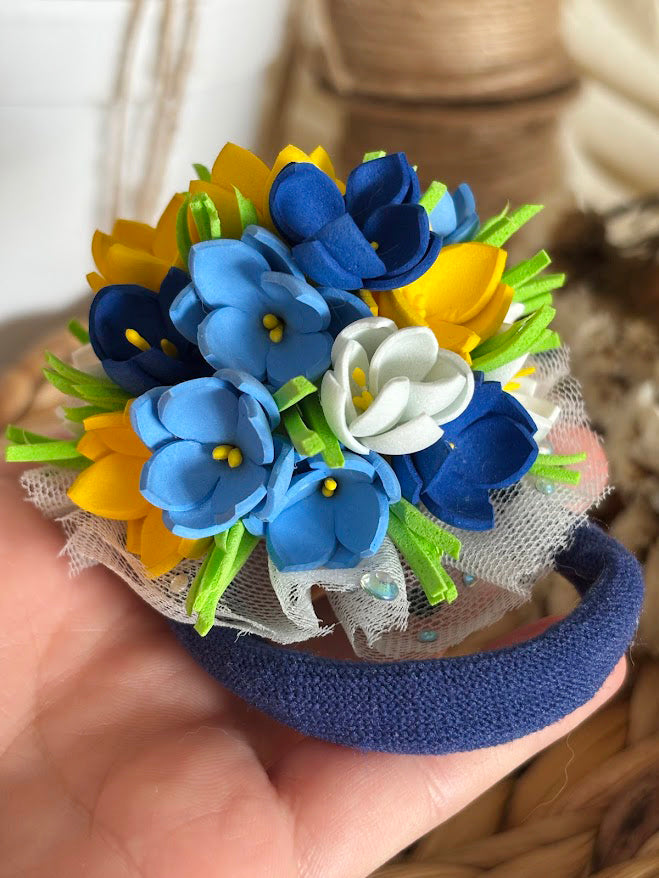 Floral Hair Ties Set of 2 - Blue Yellow White Foam Flowers
