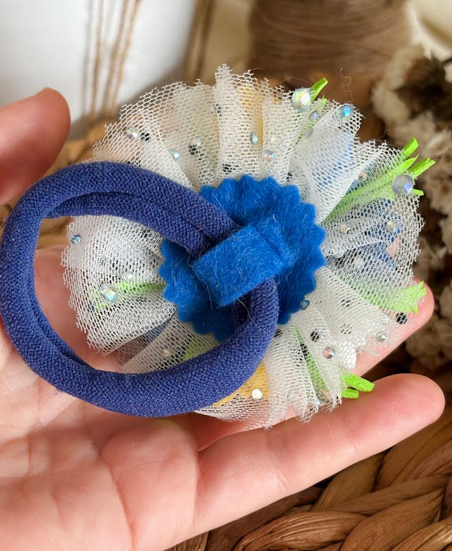 Floral Hair Ties Set of 2 - Blue Yellow White Foam Flowers