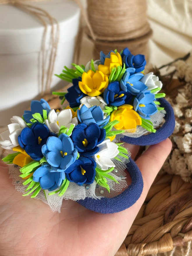 Floral Hair Ties Set of 2 - Blue Yellow White Foam Flowers