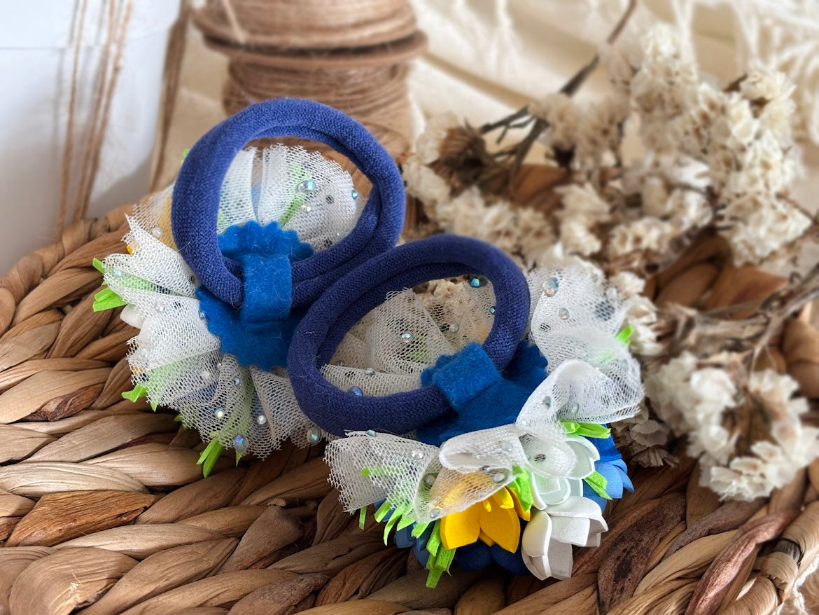 Floral Hair Ties Set of 2 - Blue Yellow White Foam Flowers