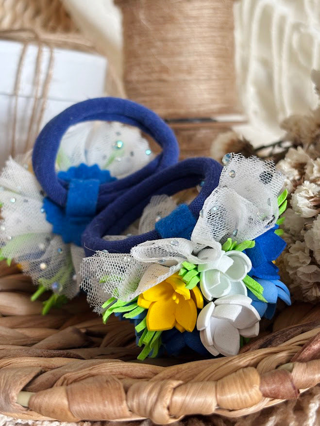 Floral Hair Ties Set of 2 - Blue Yellow White Foam Flowers