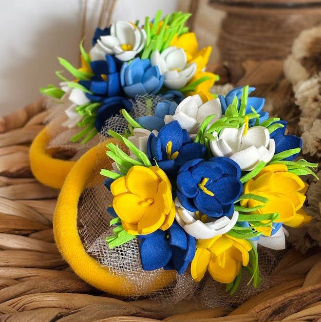 Floral Hair Tie Set of 2 - Blue Yellow White Foam Flowers