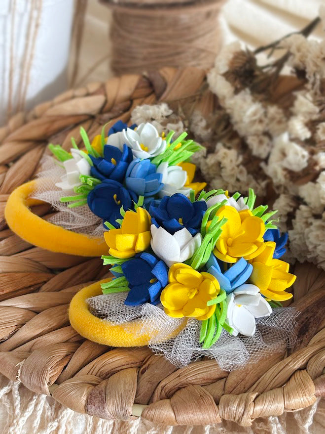 Floral Hair Tie Set of 2 - Blue Yellow White Foam Flowers