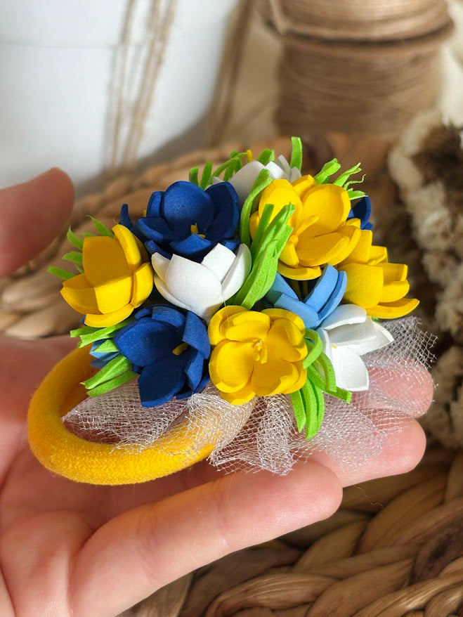 Floral Hair Tie Set of 2 - Blue Yellow White Foam Flowers