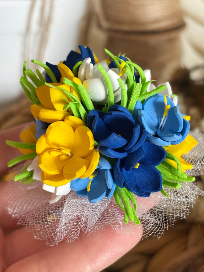 Floral Hair Tie Set of 2 - Blue Yellow White Foam Flowers