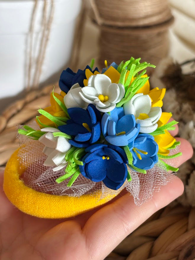 Floral Hair Tie Set of 2 - Blue Yellow White Foam Flowers
