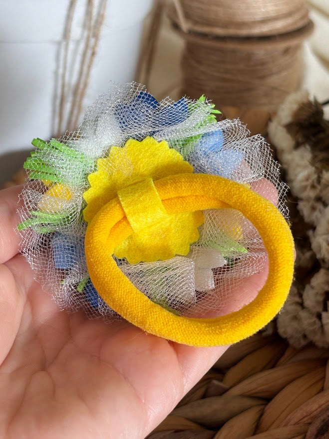 Floral Hair Tie Set of 2 - Blue Yellow White Foam Flowers