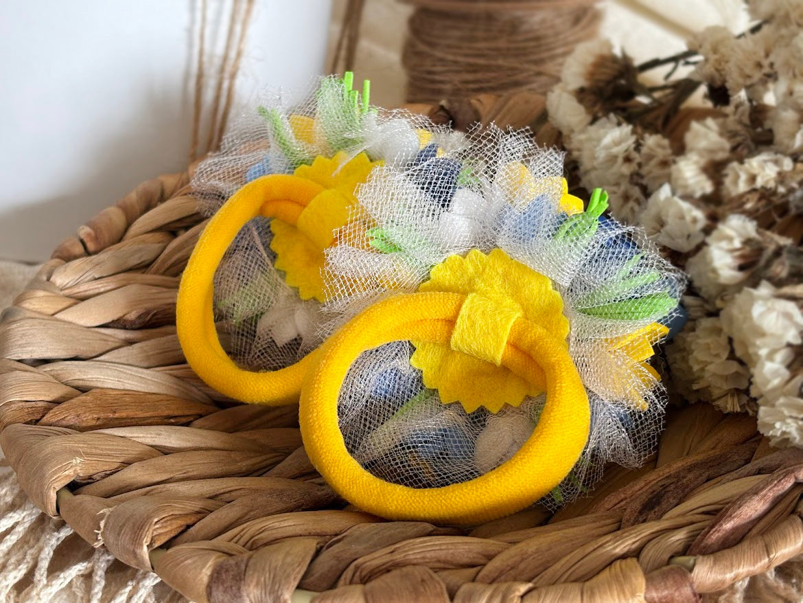 Floral Hair Tie Set of 2 - Blue Yellow White Foam Flowers