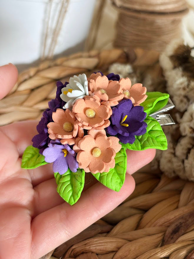 Floral Hair Clip - Purple Peach White Foam Flowers