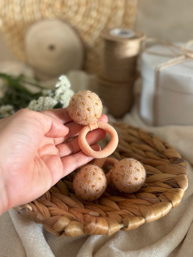 Peach Pom Pom Hair Ties, Set of 2, with Dark Gold Beads