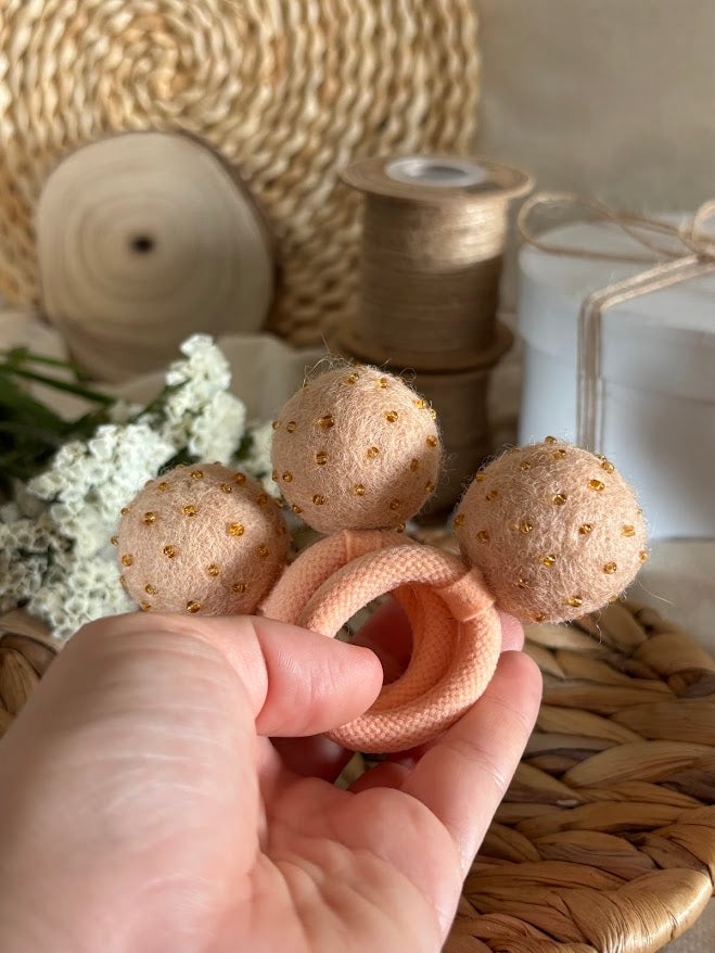 Peach Pom Pom Hair Ties, Set of 2, with Dark Gold Beads