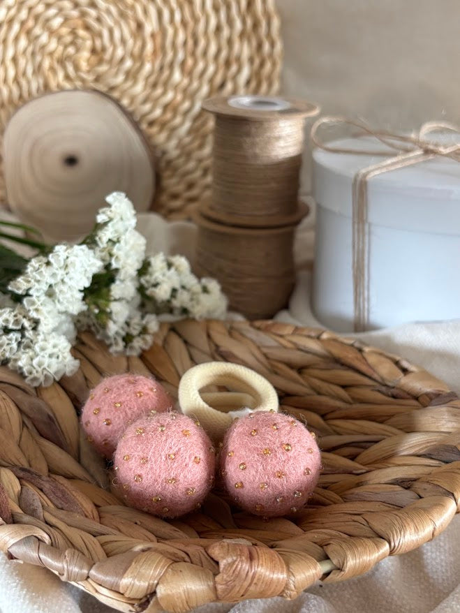 Powder Pink Pom Pom Hair Ties, Set of 2, with Gold Beads
