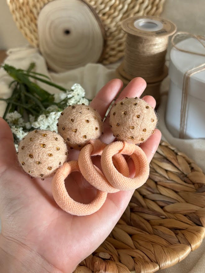Peach Pom Pom Hair Ties, Set of 2, with Dark Gold Beads