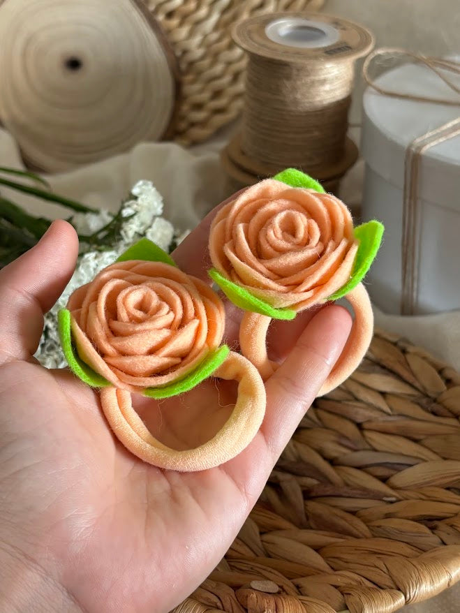 Peach Felt Rose Hair Ties, Set of 2, with Green Leaves