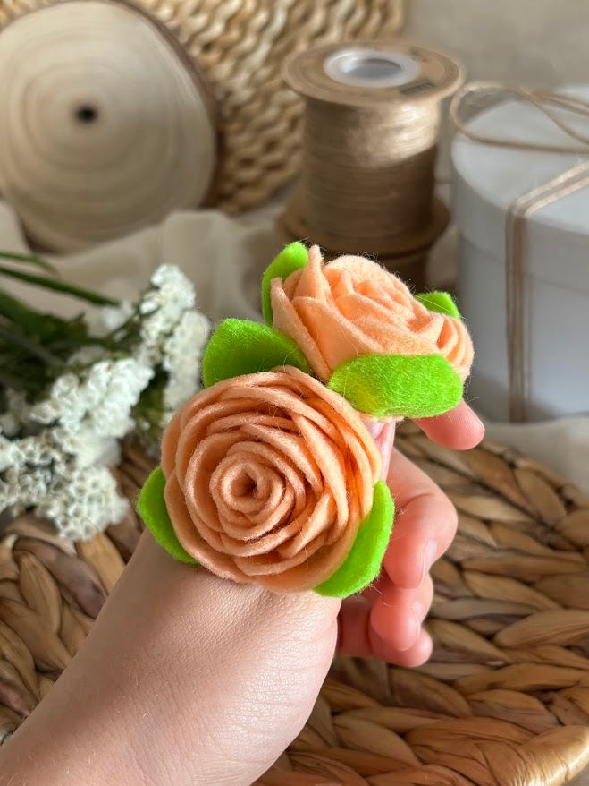 Peach Felt Rose Hair Ties, Set of 2, with Green Leaves