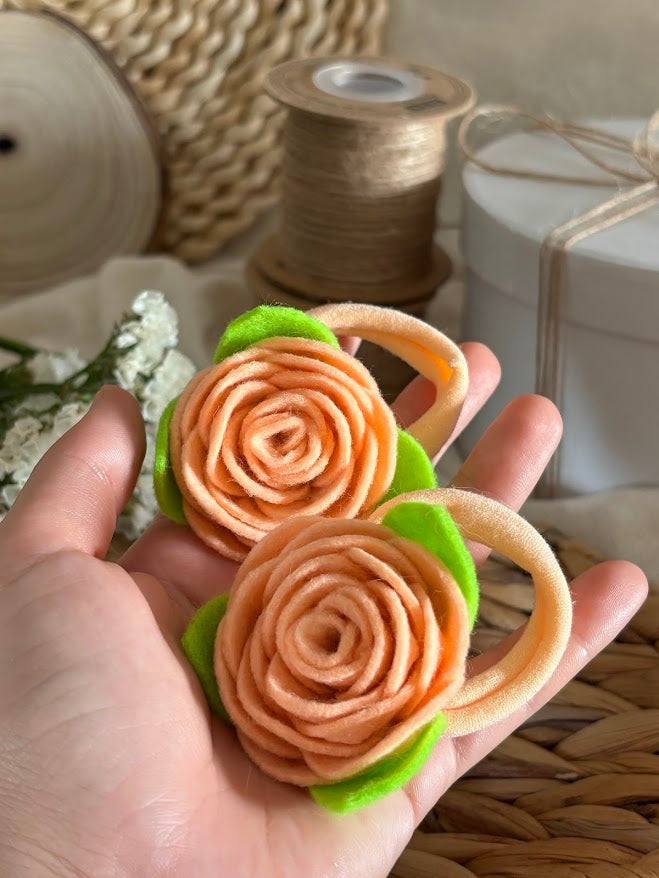 Peach Felt Rose Hair Ties, Set of 2, with Green Leaves