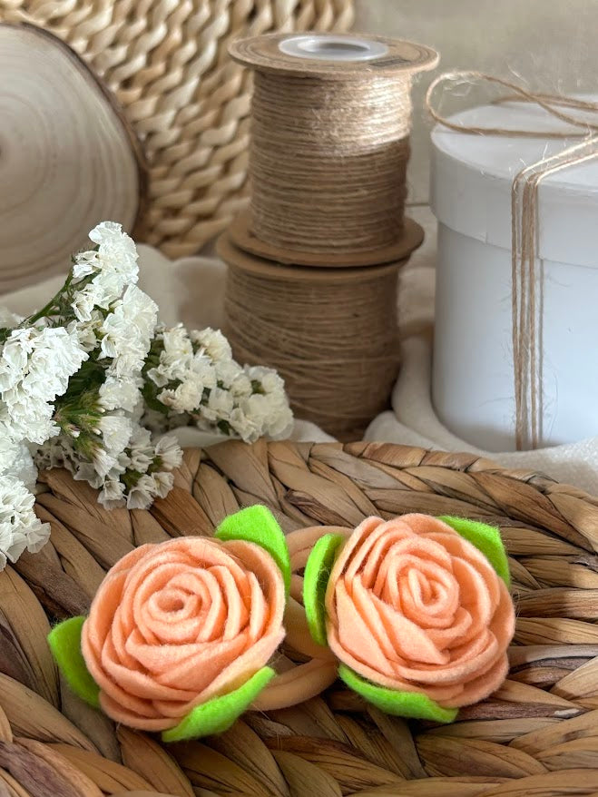 Peach Felt Rose Hair Ties, Set of 2, with Green Leaves